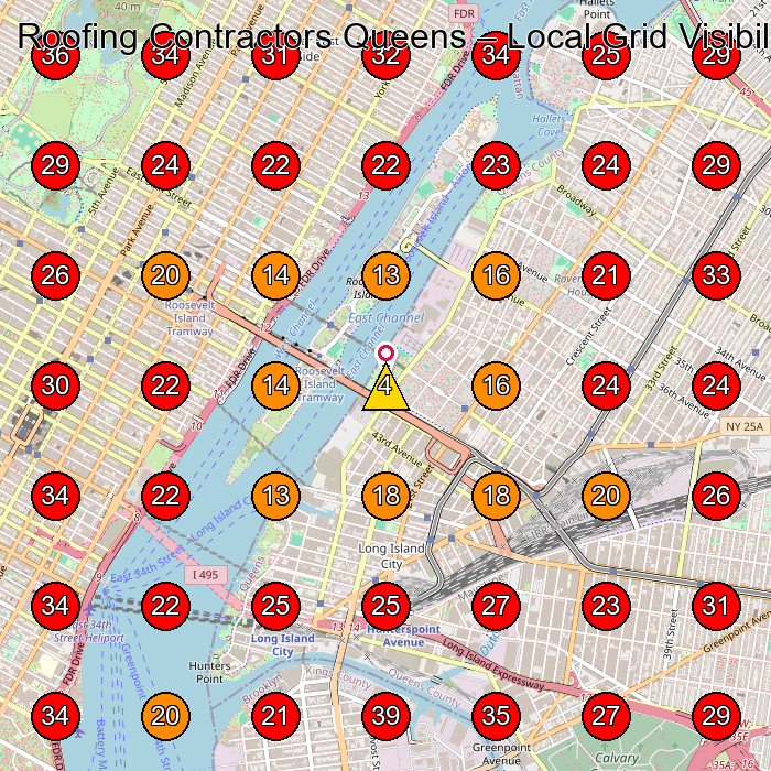 Roofing Contractors Queens GeoGrid visibility map for Roofing Contractor in New York